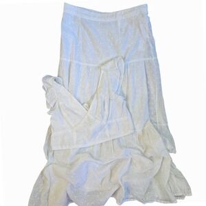 Japna White Eyelet Two Piece Set Crop Top Tiered Maxi Skirt Cotton Womens Large